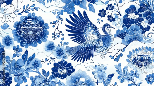 Minimalist poster design in ultra-high resolution, featuring a seamless traditional Chinese blue and white porcelain pattern with reserved text space