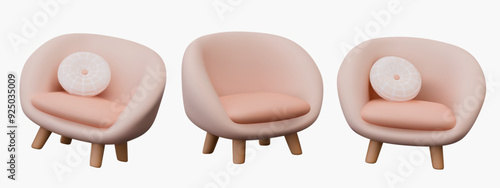 Cute armchair with soft upholstery and wooden legs. Set of realistic models