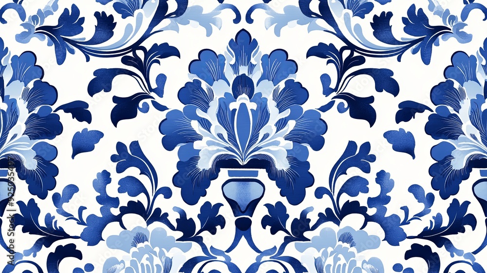 Fototapeta premium Modern and clean marketing poster design, showcasing a seamless traditional Chinese blue and white porcelain pattern, with ample space for text