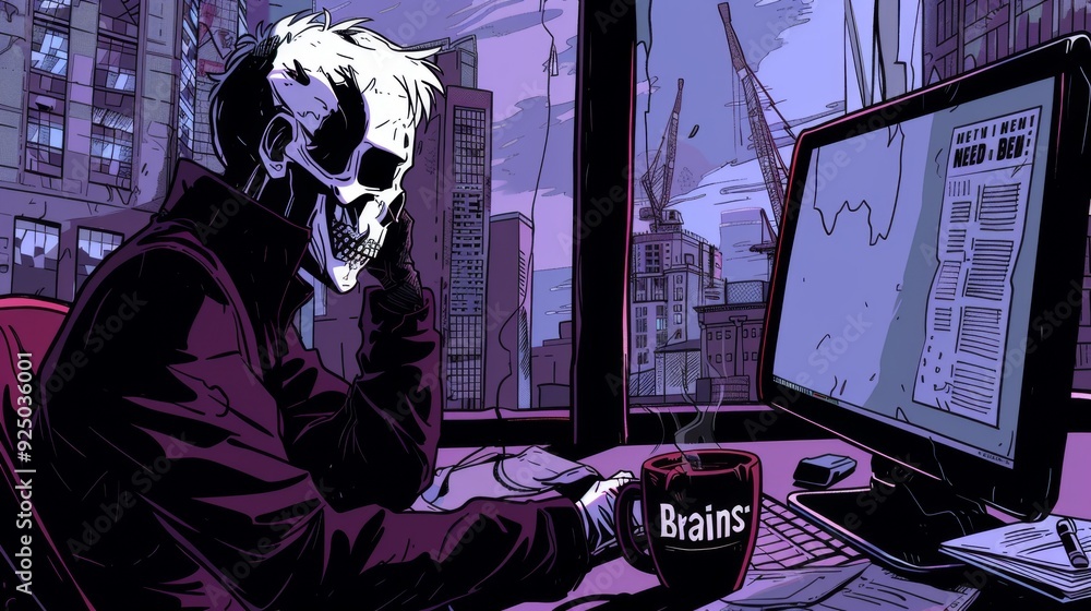 Funny Zombie Office Worker: A zombie dressed in office attire, typing at a computer with a coffee mug that says Funny Zombie Office Worker: A zombie dressed in office attire, typing at a computer with a coffee mug that says