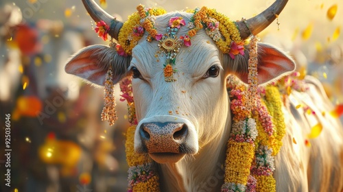 The sacred cow stands gracefully, adorned with vibrant flowers, amidst a festive atmosphere in a rural Indian village at sunrise photo