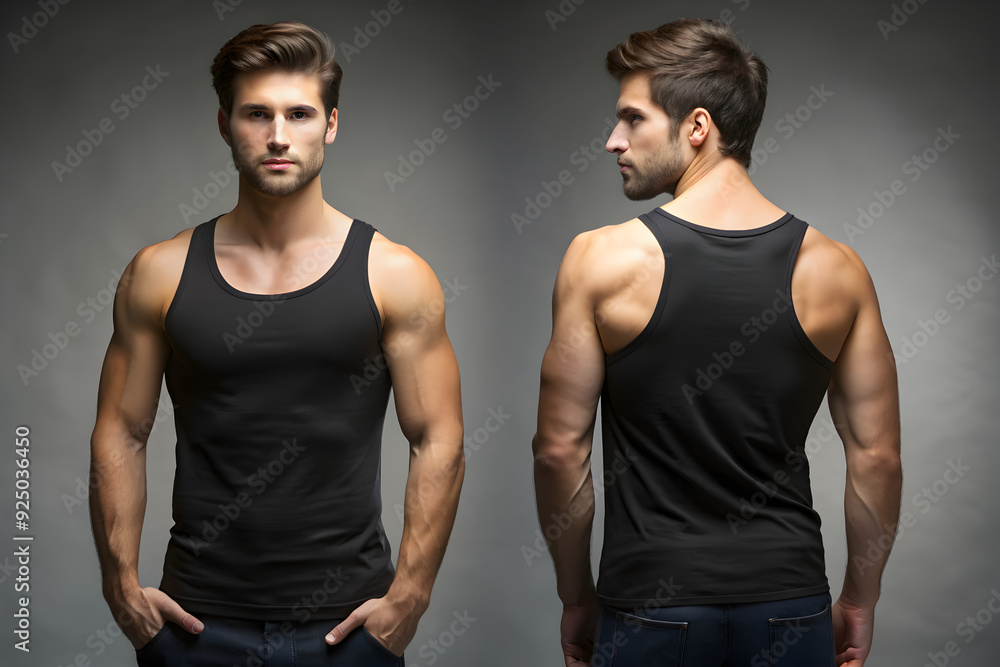 Fototapeta premium Tank Top Mockup of Man Wearing Black Tank Top Front and Back Views