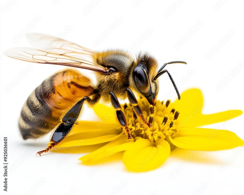On a white background, an isolated honeybee rests on a yellow flower On a white background, an isolated honeybee rests on a yellow flower