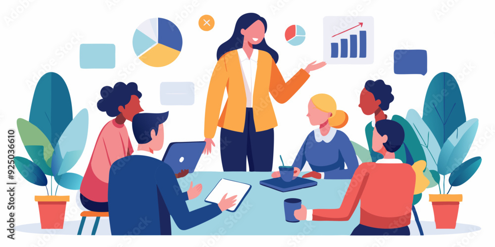 Woman speaker makes a report to company employees at a business meeting
Woman speaker makes a report to company employees at a business meeting