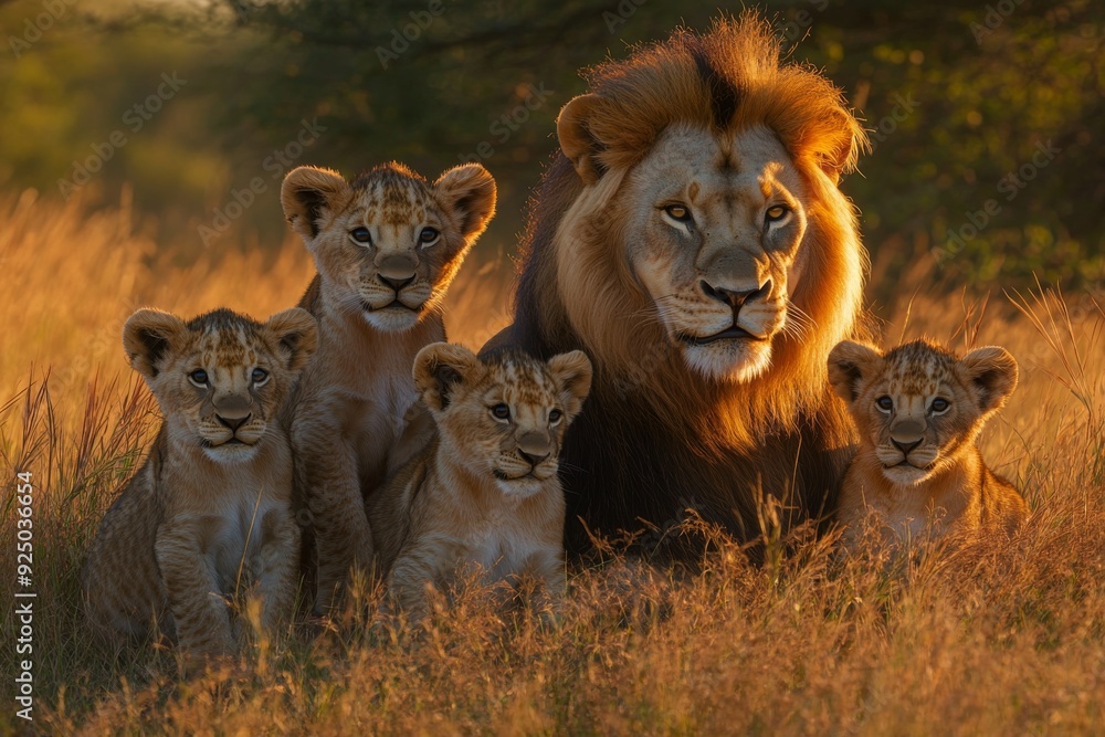 Photograph of an intimate lion family at golden hour. Cubs nested against their parents in savanna grass foreground. Photograph of an intimate lion family at golden hour. Cubs nested against their parents in savanna grass foreground.
