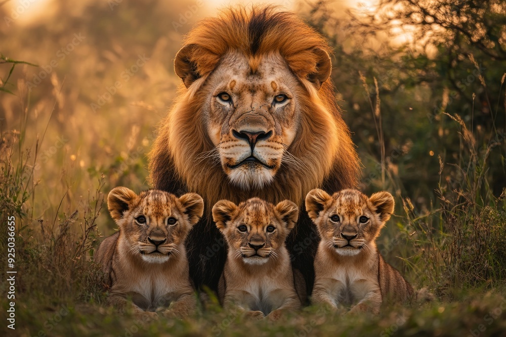 A tender wildlife moment between a lion family in the golden hour lighting, nestled against their parents on savanna grass in the foreground. A tender wildlife moment between a lion family in the golden hour lighting, nestled against their parents on savanna grass in the foreground.