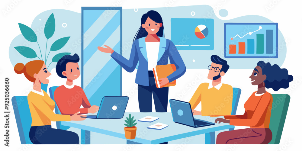 Woman speaker makes a report to company employees at a business meeting
Woman speaker makes a report to company employees at a business meeting