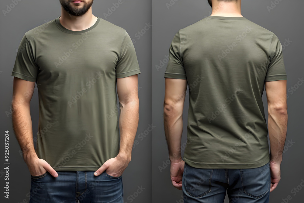 T-Shirt Mockup of Man Wearing Heather Military Green T-Shirt Front and Back Views T-Shirt Mockup of Man Wearing Heather Military Green T-Shirt Front and Back Views
