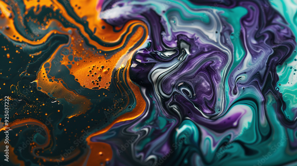 Wet Dye Background with Pigment Fluid and Colorful Swirls, Blue, Purple, Yellow, and Black Shimmering Particles in Captivating Abstract Waves Wet Dye Background with Pigment Fluid and Colorful Swirls, Blue, Purple, Yellow, and Black Shimmering Particles in Captivating Abstract Waves