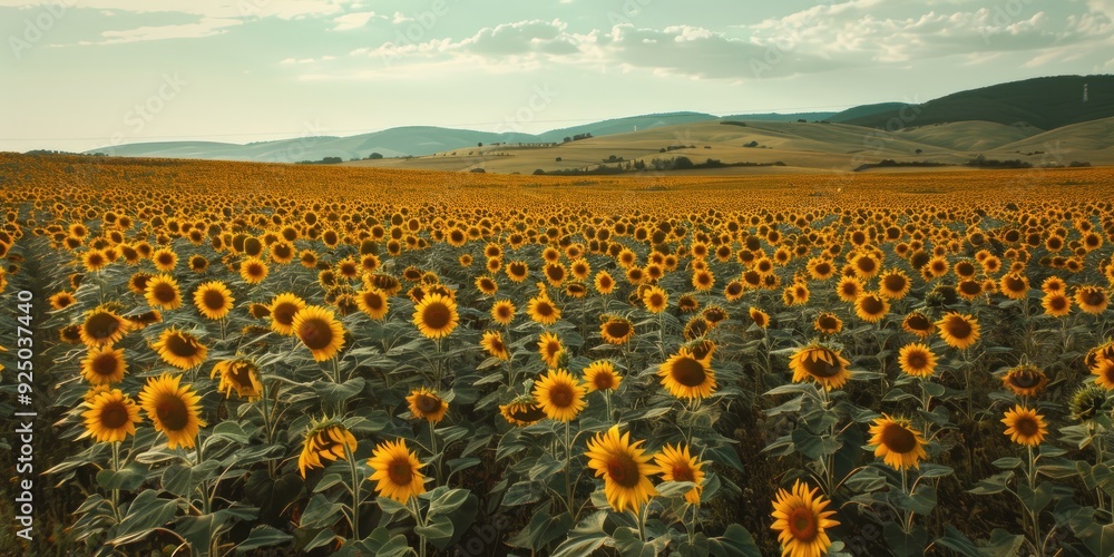 Obraz premium Sunflower field in full bloom perfect for harvesting seeds and food production at the end of summer