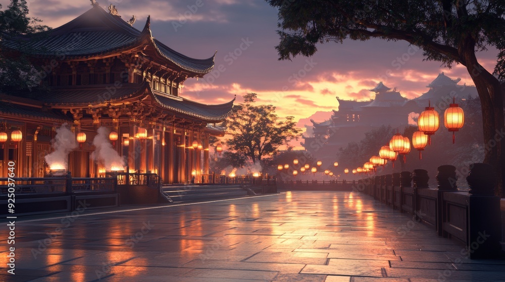 The Confucian temple glows warmly under dusk skies, with lanterns lighting pathways and reflections shimmering on rain-soaked stones The Confucian temple glows warmly under dusk skies, with lanterns lighting pathways and reflections shimmering on rain-soaked stones