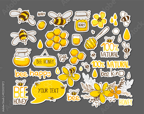 Set of cute bee , honey , lettering, and other elements in vector. Perfect for sticker, scrapbook, badges and other. Graphic elements for background, banner, sticker and other