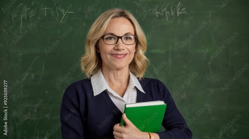 portrait of female teacher holding notepad on green portrait of female teacher holding notepad on green