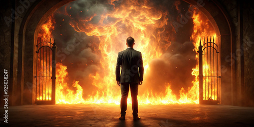 A lonely silhouette sinfull sinner human business man stands in front of a hell fire gates. Business concept. Rear view.
