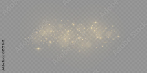 The light of gold dust. bokeh light effect background png. Christmas glowing dust background. Yellow flickering glow with confetti bokeh light and particle motion.