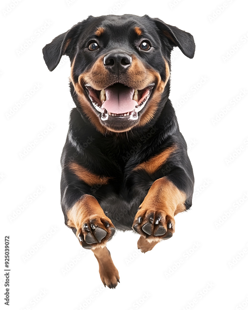 Fototapeta premium Rottweiler Pup Joyfully Leaping on Plain White Background Transparent PNG