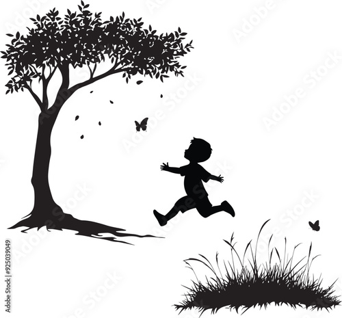 A black and white silhouette of a child joyfully running beneath the branches of a tree,  Playful Boy Chasing Butterflies: Black and White Silhouette