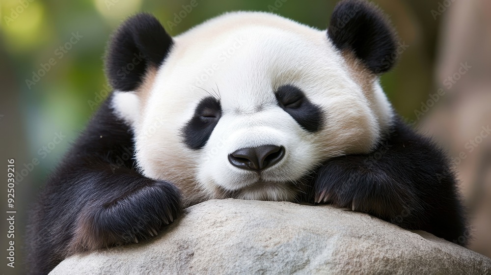 A panda bear is sleeping on a rock A panda bear is sleeping on a rock