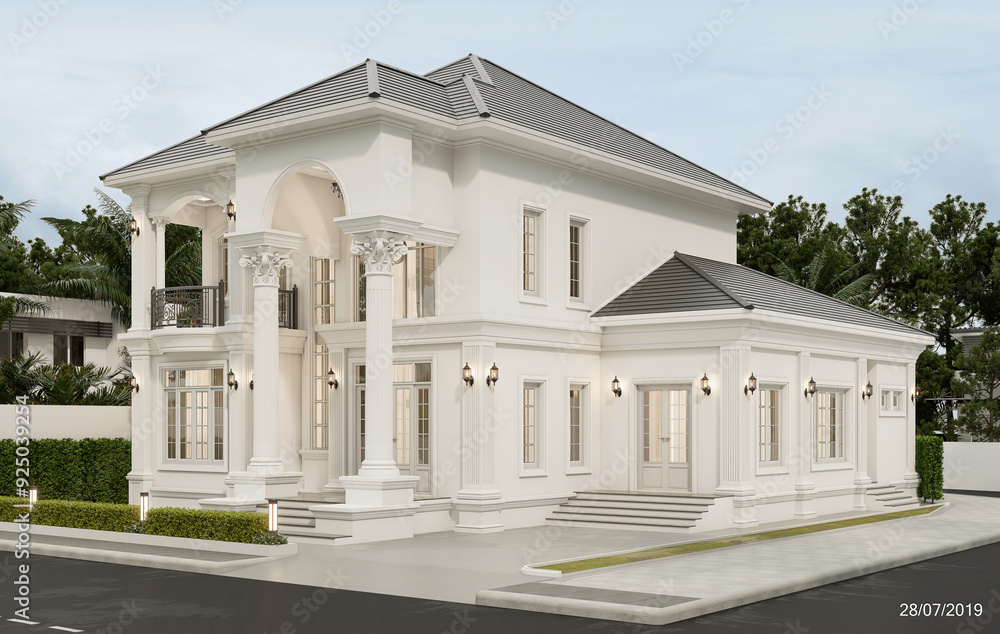 Obraz premium 3D rendering modern contemporary two - storey house design with garage and natural scenery background.