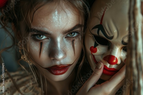 A striking portrait of a woman in elaborate clown makeup, holding a mask next to her face, with an intense gaze that conveys a sense of mystery and theatrical elegance.