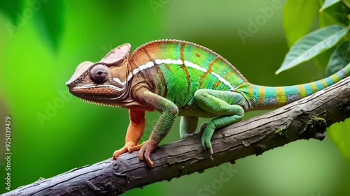 Wallpaper Mural Green chameleon resting on a tree branch with vibrant colors, blending into its natural surroundings in a lush tropical forest. Torontodigital.ca