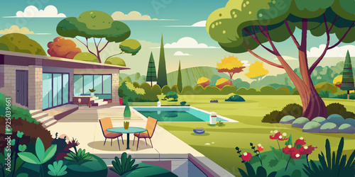 View of the backyard of the house with a clearing and trees. Terrace panorama, garden landscape with flowers
