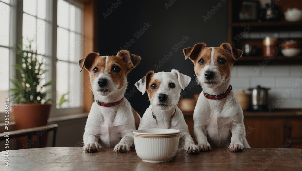Three Jack Russell Terriers are waiting to be fed, impatient Three Jack Russell Terriers are waiting to be fed, impatient