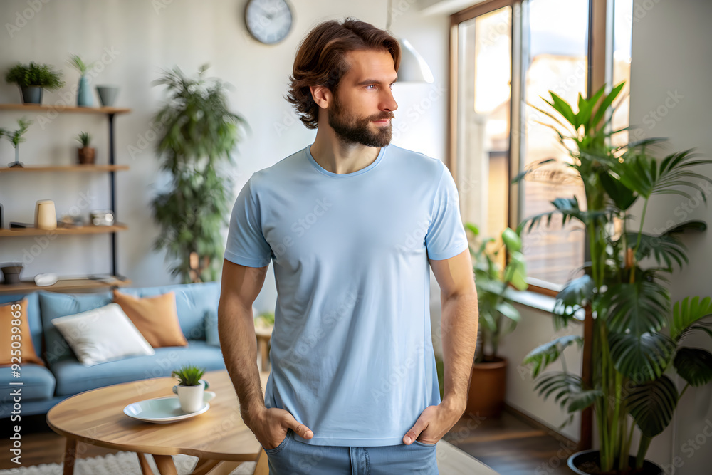 T-Shirt Mockup of Man Wearing Plain Light Blue T-Shirt in Outdoor Setting T-Shirt Mockup of Man Wearing Plain Light Blue T-Shirt in Outdoor Setting