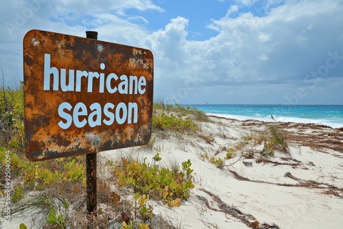 Rusty hurricane season sign warning of approaching storm surge on beach