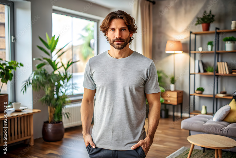 Fototapeta premium T-Shirt Mockup of Man Wearing Plain Sport Grey T-Shirt in Outdoor Setting