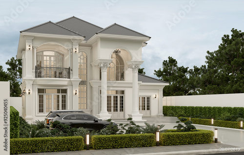 3D rendering modern contemporary two - storey house design with garage and natural scenery background.