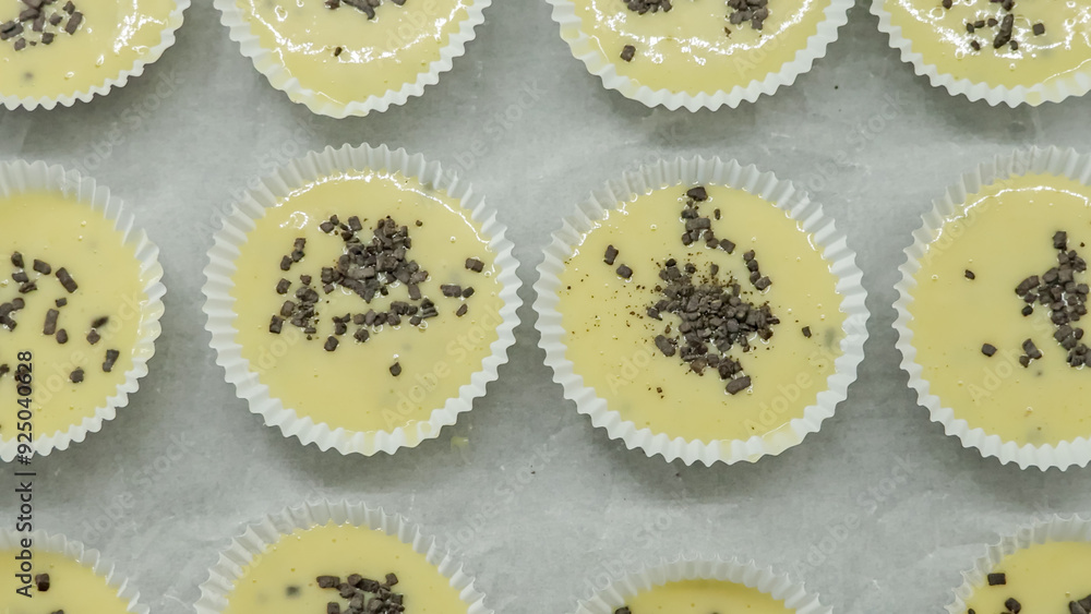 Dough for muffins with chocolate top view. The process of cooking muffins. Dough for muffins with chocolate top view. The process of cooking muffins.