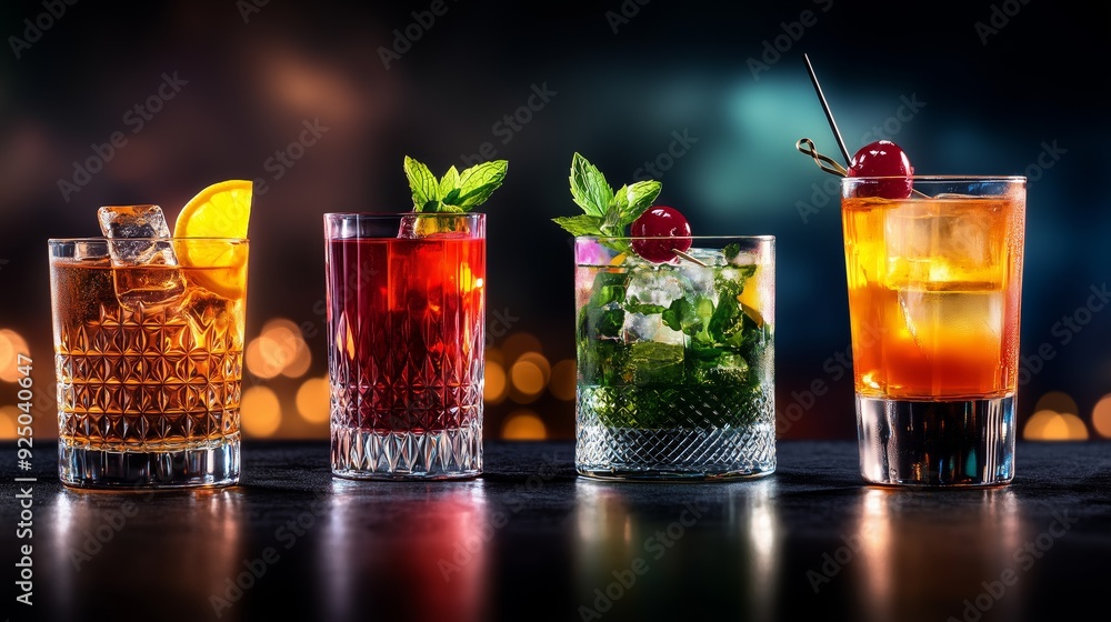 Image showcasing Four different cocktails, each with unique garnishes, sit side-by-side ...