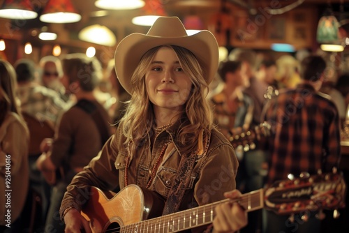 A smiling woman in a cowboy hat is depicted playing a guitar in a lively bar setting, surrounded by a crowd, capturing the atmosphere of music, nightlife, and enjoyment in a western-themed venue. photo