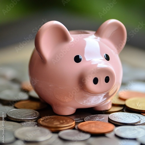 A pink piggy bank with coins, symbolizing savings and finance photo