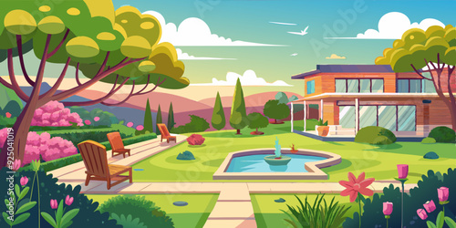 View of the backyard of the house with a clearing and trees. Terrace panorama, garden landscape with flowers
