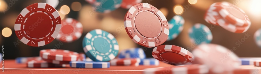 Casino Chips Flying Through The Air, Luxury Gambling Experience, High Stakes, Colorful Chips In Play, Entertainment And Strategy In A Casino Atmosphere Casino Chips Flying Through The Air, Luxury Gambling Experience, High Stakes, Colorful Chips In Play, Entertainment And Strategy In A Casino Atmosphere