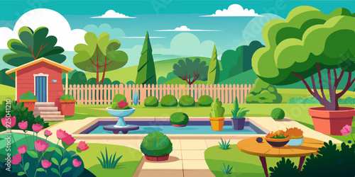 View of the backyard of the house with a clearing and trees. Terrace panorama, garden landscape with flowers
