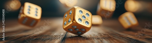 Golden Dice Rolling on a Wooden Table Luxury Gambling, Fortune, and Entertainment in a Glamorous Setting photo