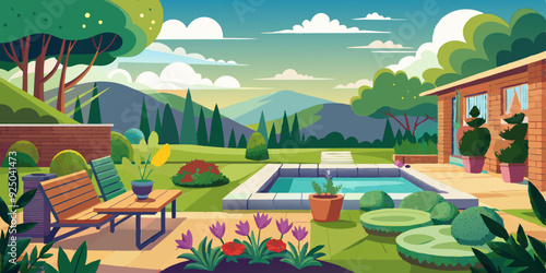 View of the backyard of the house with a clearing and trees. Terrace panorama, garden landscape with flowers
