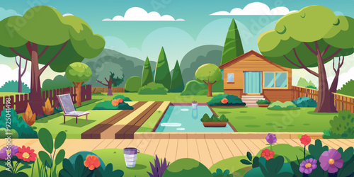 View of the backyard of the house with a clearing and trees. Terrace panorama, garden landscape with flowers
