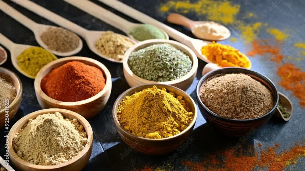 Variety of spices and herbs on the table Variety of spices and herbs on the table