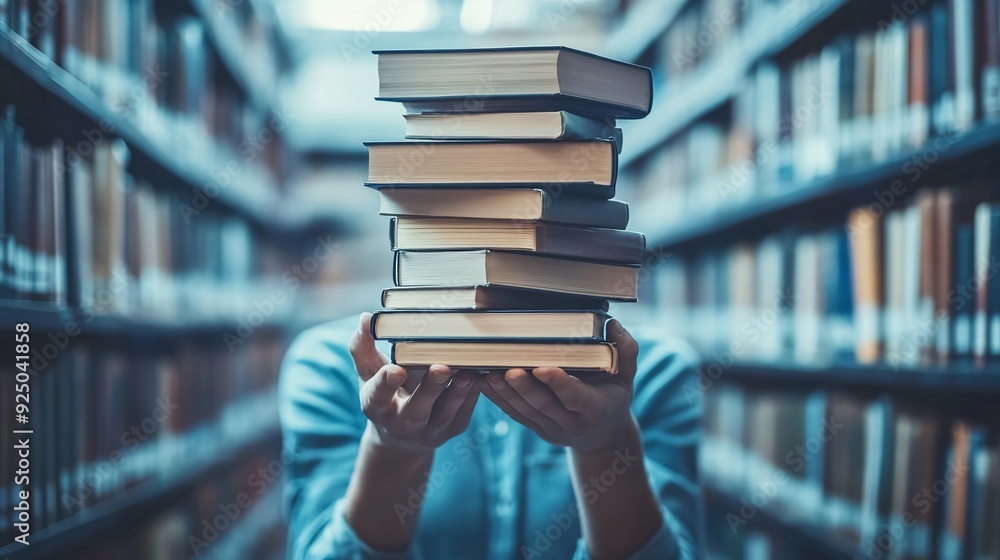 A stack of books on a shelf in a library A stack of books on a shelf in a library