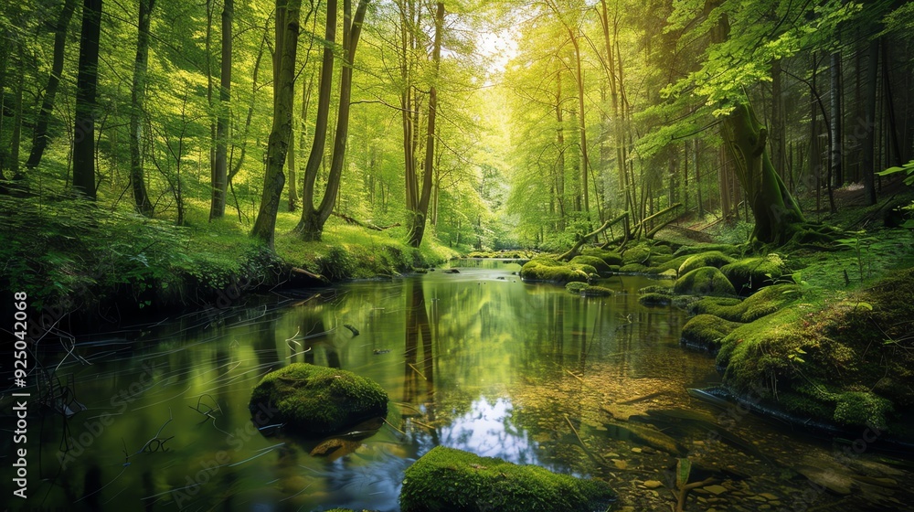 Obraz premium A stream winds through a lush green forest.