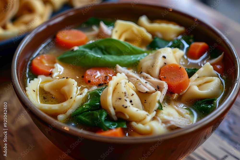 Chicken and tortellini soup simmering in a bowl, featuring fresh spinach, carrots, and a sprinkle of black pepper Chicken and tortellini soup simmering in a bowl, featuring fresh spinach, carrots, and a sprinkle of black pepper