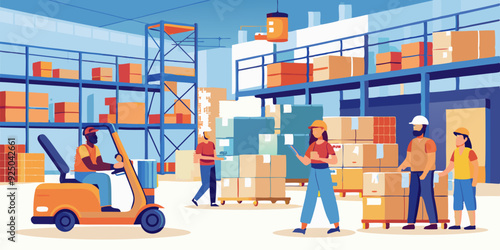 Warehouse interior with workers on the background of racks with boxes of goods on pallets. Forklift operator, manager, movers
