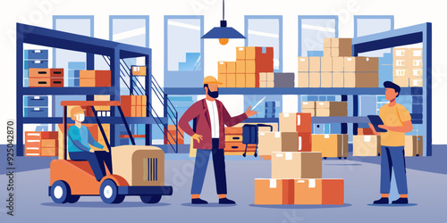 Warehouse interior with workers on the background of racks with boxes of goods on pallets. Forklift operator, manager, movers
