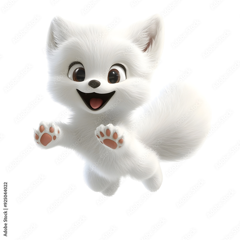Fototapeta premium Cheerful Arctic Fox Jumping Joyfully on Plain White Background Transparent PNG