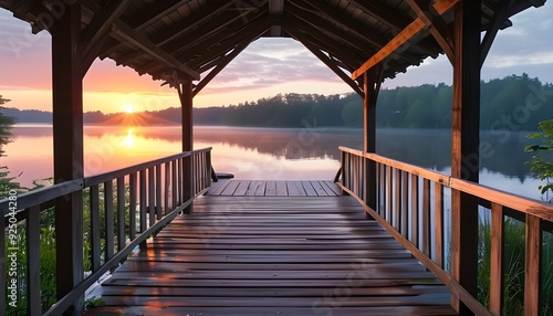 The tranquil lakeside cabin and the beautiful scenery set off by the sunset show the harmonious beauty of nature.