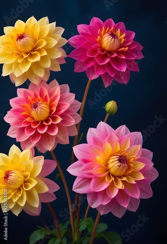 Colorful dahlia flowers blooming against a dark blue background